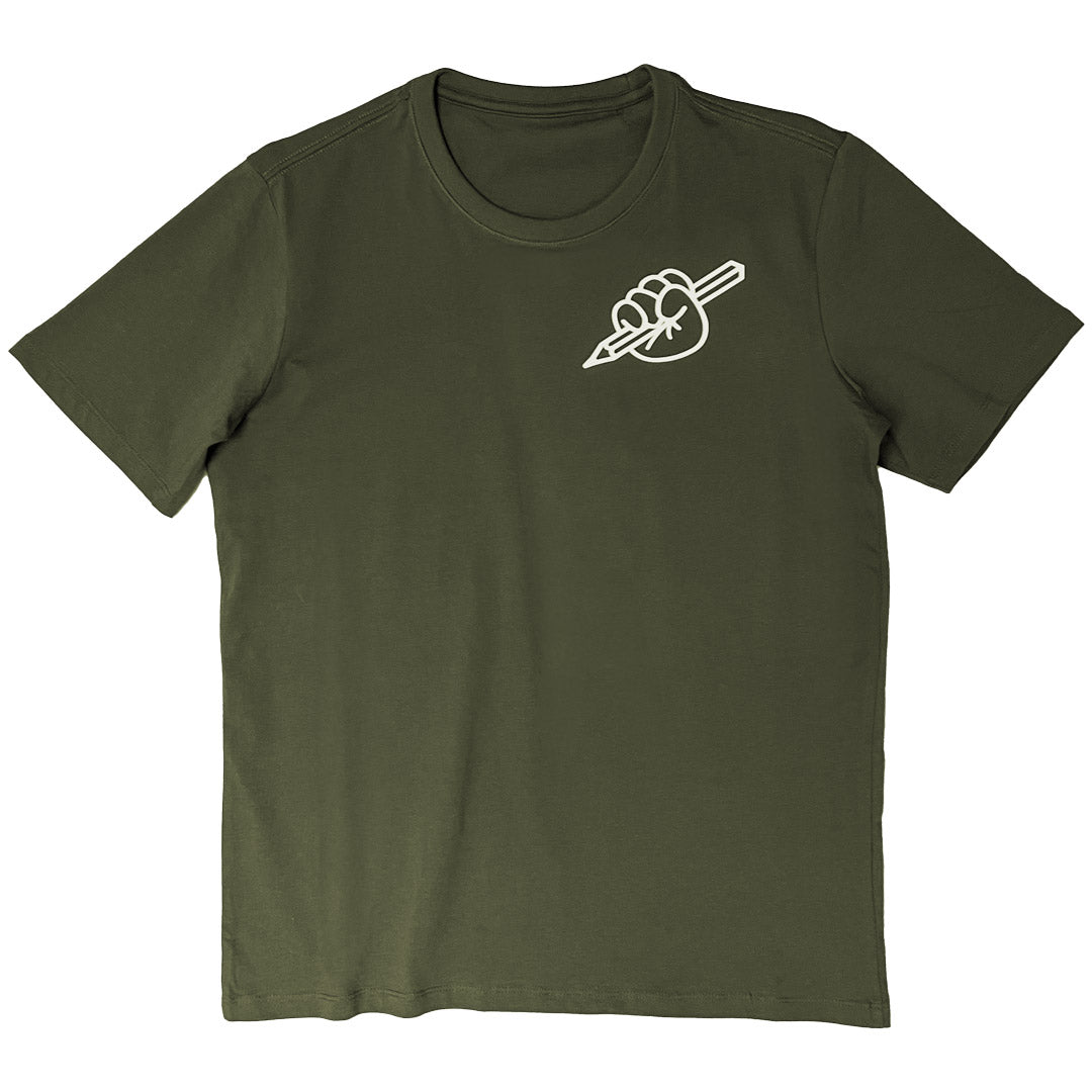 Olive green T-shirt from Kidler Goods 'Art at Heart' fist holding up a pencil