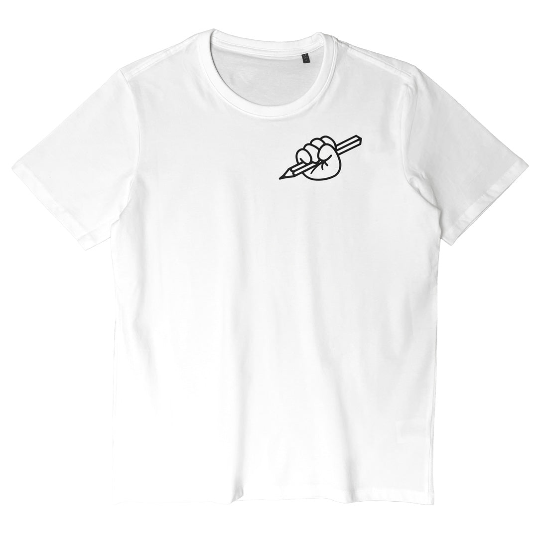 White T-shirt from Kidler Goods 'Art at Heart' fist holding up a pencil