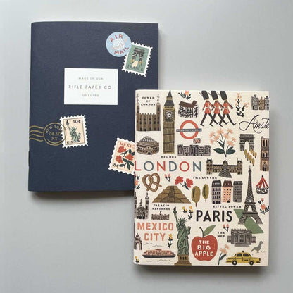 Bon Voyage travel notebook from Rifle Paper Co with stamp and travel illustrations